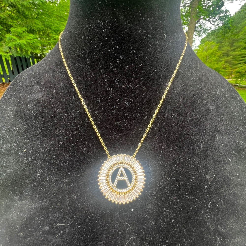 Gold Tone Baguette Cubic Zirconia Initial A Sunburst‎ Pendant Necklace Glam
